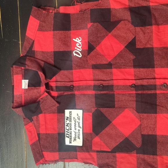 "DICK'S MORNING WOOD SERVICE"  Plaid Sleeveless Shirt - Picture 3 of 12